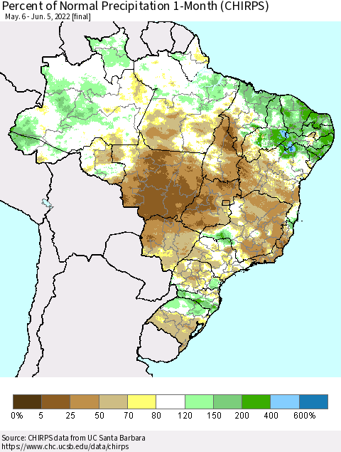 Brazil Percent of Normal Precipitation 1-Month (CHIRPS) Thematic Map For 5/6/2022 - 6/5/2022