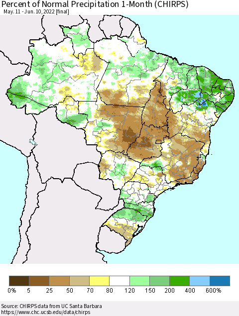 Brazil Percent of Normal Precipitation 1-Month (CHIRPS) Thematic Map For 5/11/2022 - 6/10/2022
