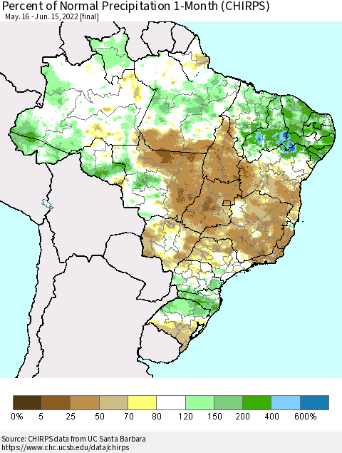 Brazil Percent of Normal Precipitation 1-Month (CHIRPS) Thematic Map For 5/16/2022 - 6/15/2022