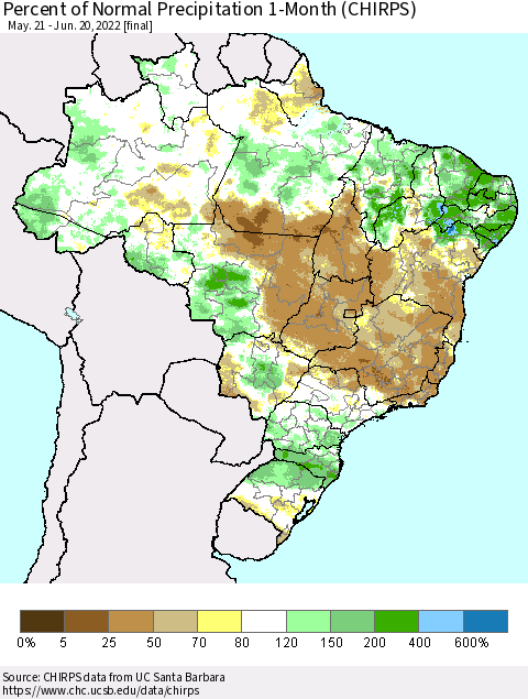 Brazil Percent of Normal Precipitation 1-Month (CHIRPS) Thematic Map For 5/21/2022 - 6/20/2022