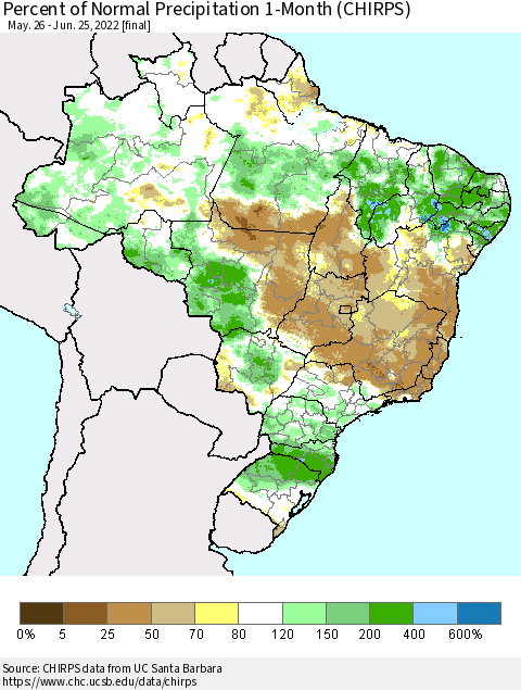 Brazil Percent of Normal Precipitation 1-Month (CHIRPS) Thematic Map For 5/26/2022 - 6/25/2022