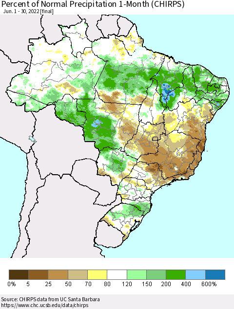 Brazil Percent of Normal Precipitation 1-Month (CHIRPS) Thematic Map For 6/1/2022 - 6/30/2022