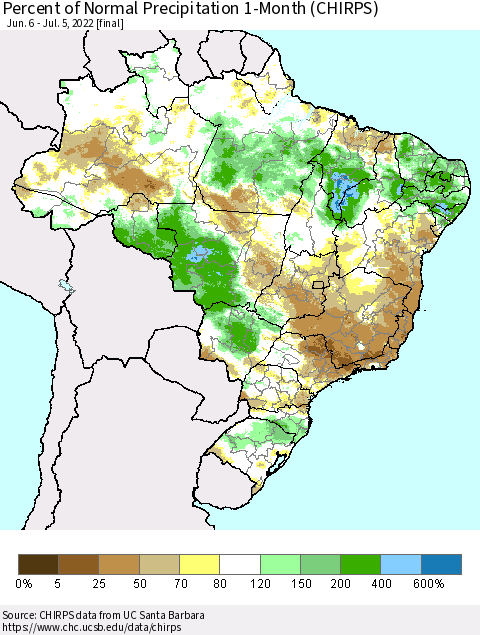 Brazil Percent of Normal Precipitation 1-Month (CHIRPS) Thematic Map For 6/6/2022 - 7/5/2022