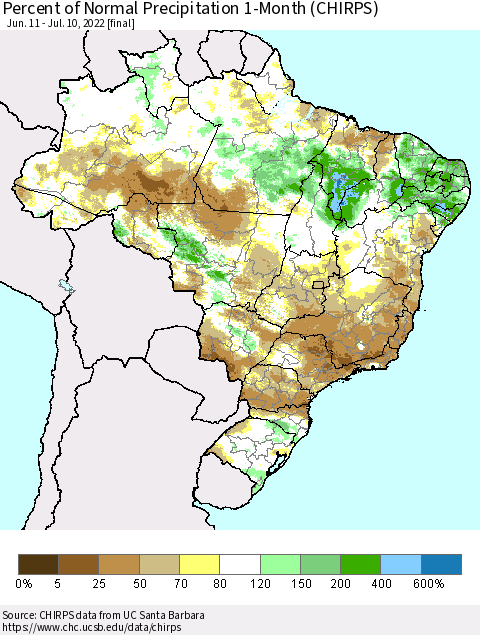 Brazil Percent of Normal Precipitation 1-Month (CHIRPS) Thematic Map For 6/11/2022 - 7/10/2022