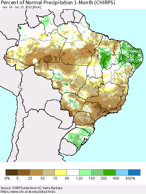 Brazil Percent of Normal Precipitation 1-Month (CHIRPS) Thematic Map For 6/16/2022 - 7/15/2022