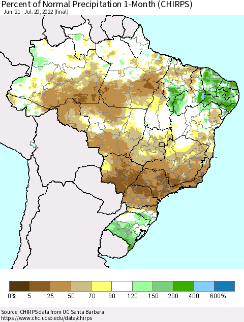 Brazil Percent of Normal Precipitation 1-Month (CHIRPS) Thematic Map For 6/21/2022 - 7/20/2022