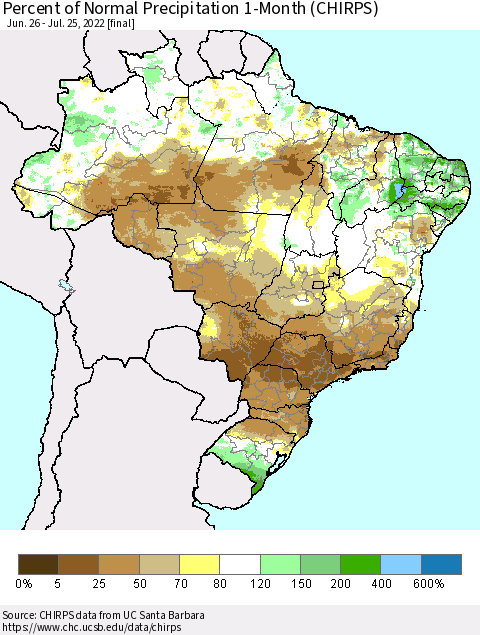 Brazil Percent of Normal Precipitation 1-Month (CHIRPS) Thematic Map For 6/26/2022 - 7/25/2022