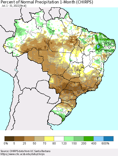 Brazil Percent of Normal Precipitation 1-Month (CHIRPS) Thematic Map For 7/1/2022 - 7/31/2022
