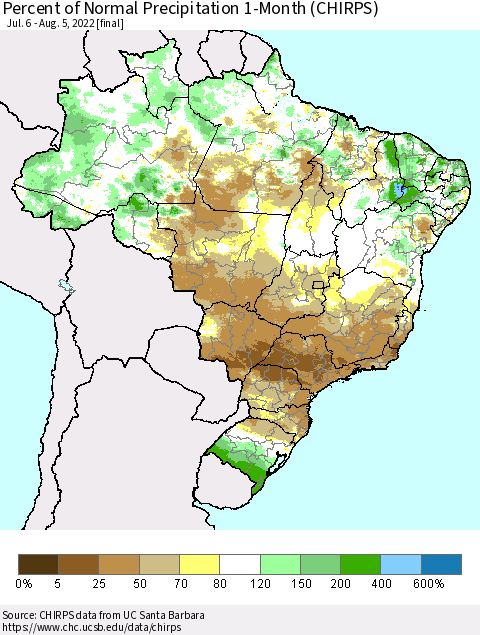 Brazil Percent of Normal Precipitation 1-Month (CHIRPS) Thematic Map For 7/6/2022 - 8/5/2022