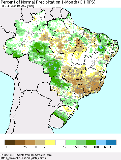 Brazil Percent of Normal Precipitation 1-Month (CHIRPS) Thematic Map For 7/11/2022 - 8/10/2022