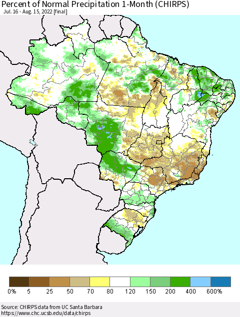 Brazil Percent of Normal Precipitation 1-Month (CHIRPS) Thematic Map For 7/16/2022 - 8/15/2022