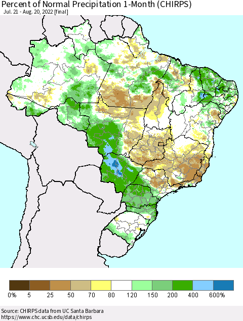 Brazil Percent of Normal Precipitation 1-Month (CHIRPS) Thematic Map For 7/21/2022 - 8/20/2022