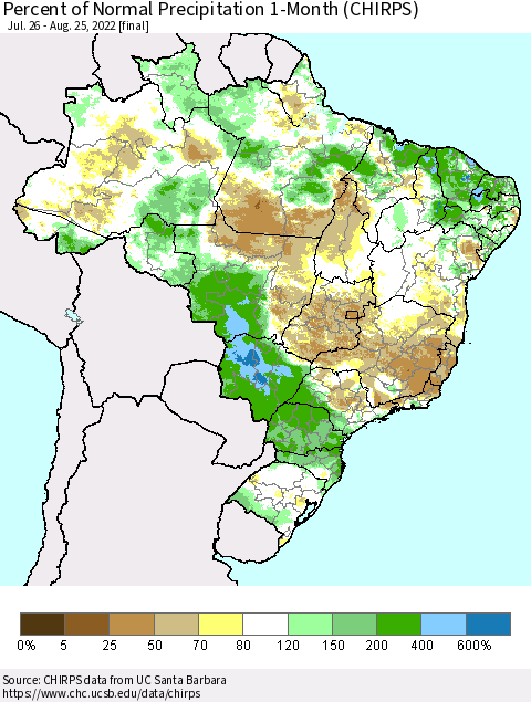 Brazil Percent of Normal Precipitation 1-Month (CHIRPS) Thematic Map For 7/26/2022 - 8/25/2022