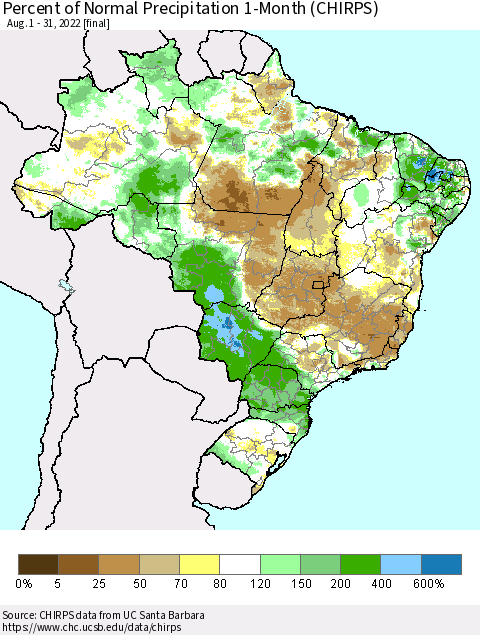Brazil Percent of Normal Precipitation 1-Month (CHIRPS) Thematic Map For 8/1/2022 - 8/31/2022
