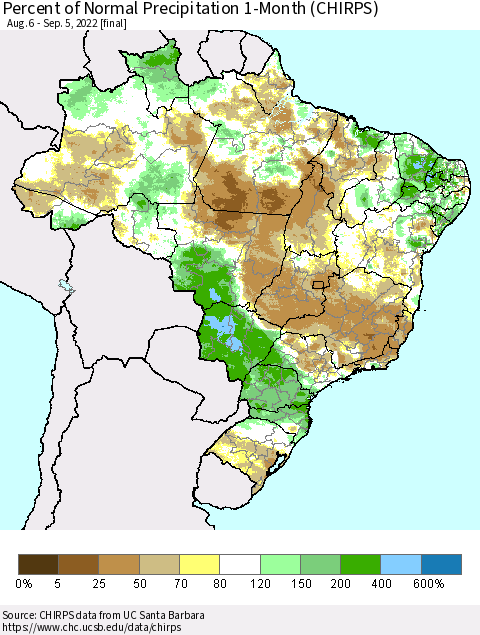 Brazil Percent of Normal Precipitation 1-Month (CHIRPS) Thematic Map For 8/6/2022 - 9/5/2022
