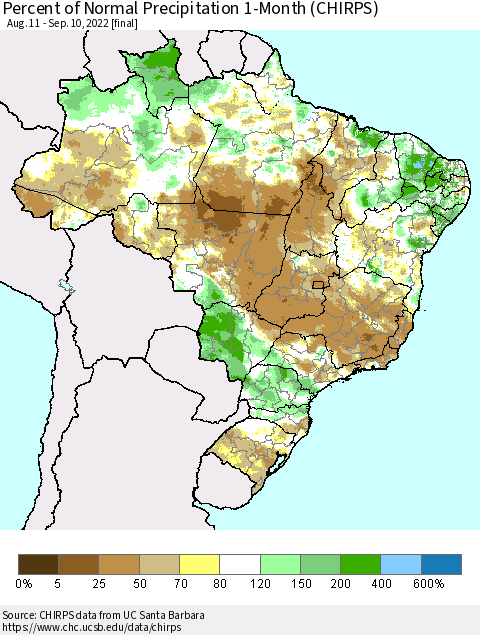 Brazil Percent of Normal Precipitation 1-Month (CHIRPS) Thematic Map For 8/11/2022 - 9/10/2022