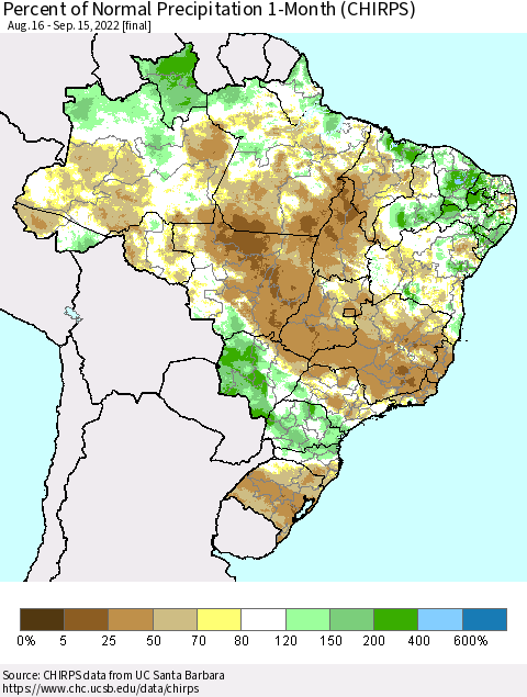 Brazil Percent of Normal Precipitation 1-Month (CHIRPS) Thematic Map For 8/16/2022 - 9/15/2022