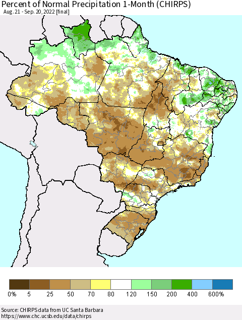 Brazil Percent of Normal Precipitation 1-Month (CHIRPS) Thematic Map For 8/21/2022 - 9/20/2022