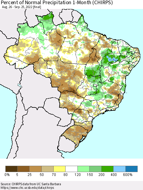 Brazil Percent of Normal Precipitation 1-Month (CHIRPS) Thematic Map For 8/26/2022 - 9/25/2022