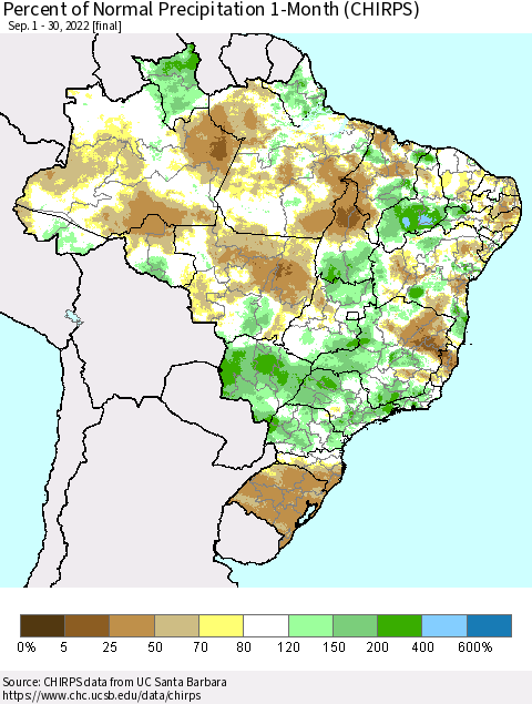 Brazil Percent of Normal Precipitation 1-Month (CHIRPS) Thematic Map For 9/1/2022 - 9/30/2022