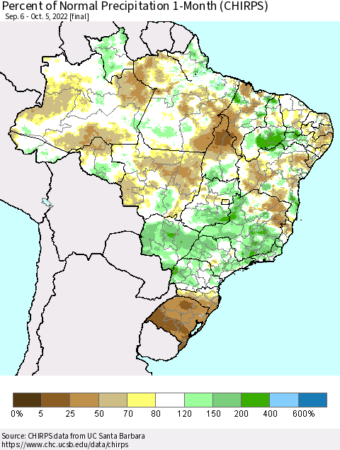 Brazil Percent of Normal Precipitation 1-Month (CHIRPS) Thematic Map For 9/6/2022 - 10/5/2022