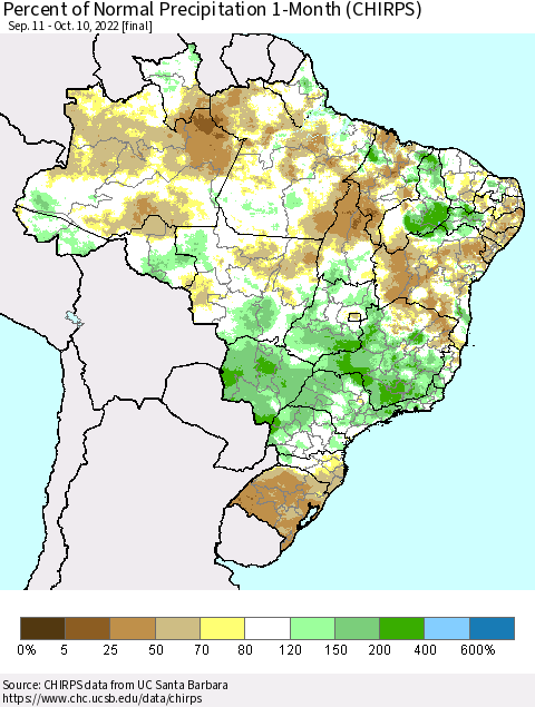 Brazil Percent of Normal Precipitation 1-Month (CHIRPS) Thematic Map For 9/11/2022 - 10/10/2022