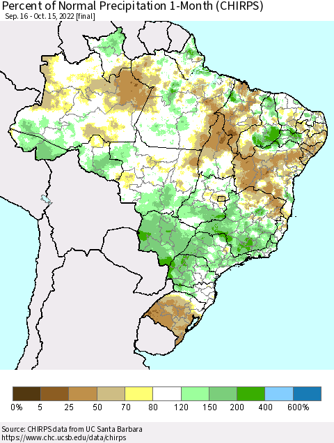 Brazil Percent of Normal Precipitation 1-Month (CHIRPS) Thematic Map For 9/16/2022 - 10/15/2022