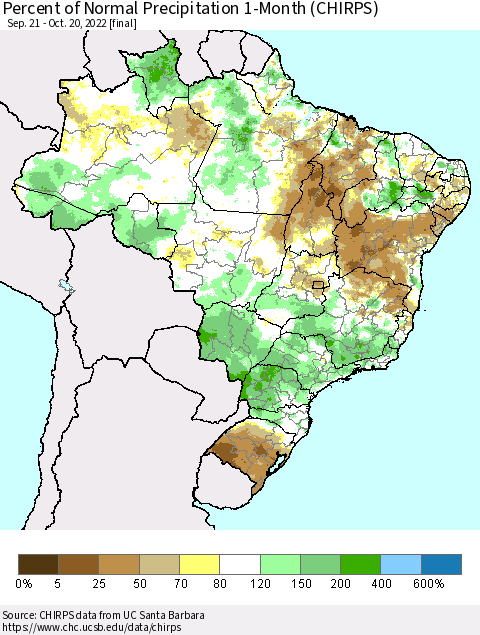 Brazil Percent of Normal Precipitation 1-Month (CHIRPS) Thematic Map For 9/21/2022 - 10/20/2022