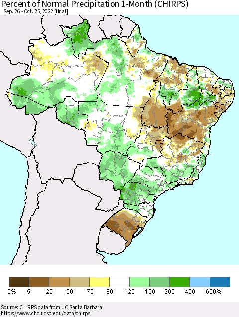 Brazil Percent of Normal Precipitation 1-Month (CHIRPS) Thematic Map For 9/26/2022 - 10/25/2022