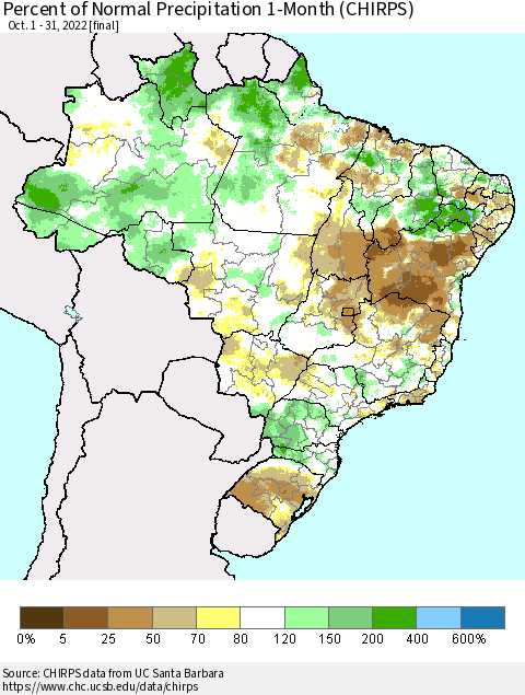 Brazil Percent of Normal Precipitation 1-Month (CHIRPS) Thematic Map For 10/1/2022 - 10/31/2022