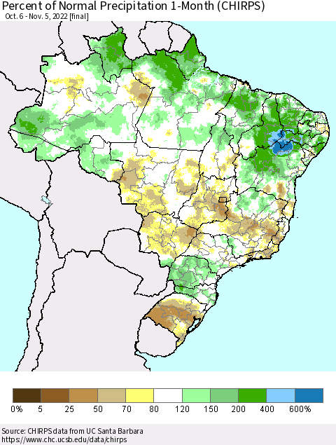 Brazil Percent of Normal Precipitation 1-Month (CHIRPS) Thematic Map For 10/6/2022 - 11/5/2022