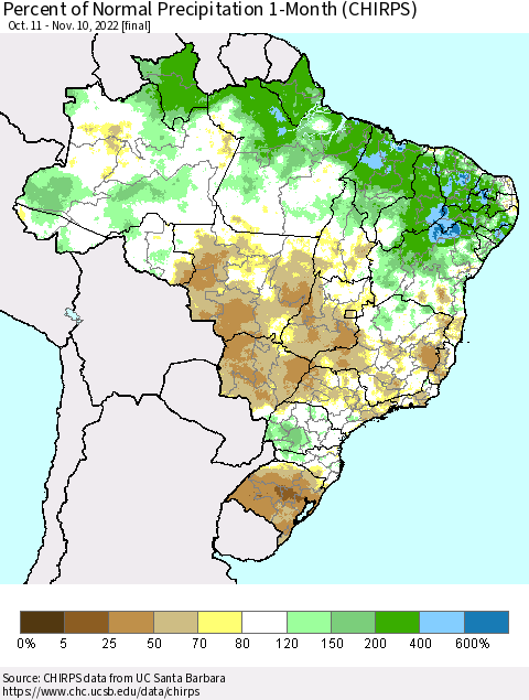 Brazil Percent of Normal Precipitation 1-Month (CHIRPS) Thematic Map For 10/11/2022 - 11/10/2022