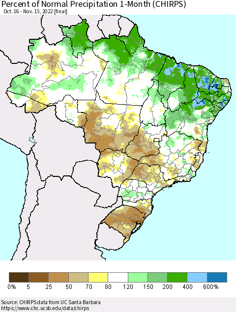 Brazil Percent of Normal Precipitation 1-Month (CHIRPS) Thematic Map For 10/16/2022 - 11/15/2022