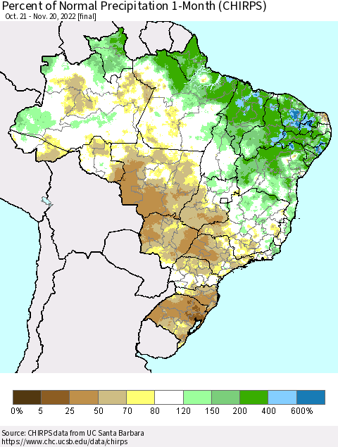 Brazil Percent of Normal Precipitation 1-Month (CHIRPS) Thematic Map For 10/21/2022 - 11/20/2022