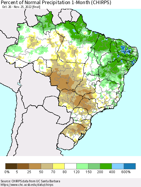 Brazil Percent of Normal Precipitation 1-Month (CHIRPS) Thematic Map For 10/26/2022 - 11/25/2022