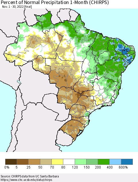 Brazil Percent of Normal Precipitation 1-Month (CHIRPS) Thematic Map For 11/1/2022 - 11/30/2022