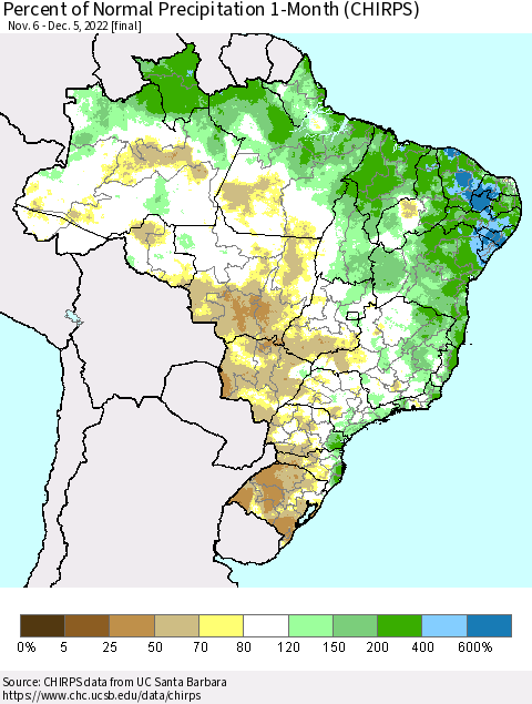 Brazil Percent of Normal Precipitation 1-Month (CHIRPS) Thematic Map For 11/6/2022 - 12/5/2022