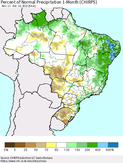 Brazil Percent of Normal Precipitation 1-Month (CHIRPS) Thematic Map For 11/11/2022 - 12/10/2022