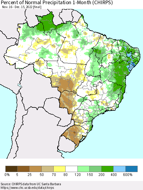 Brazil Percent of Normal Precipitation 1-Month (CHIRPS) Thematic Map For 11/16/2022 - 12/15/2022