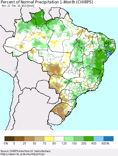 Brazil Percent of Normal Precipitation 1-Month (CHIRPS) Thematic Map For 11/21/2022 - 12/20/2022