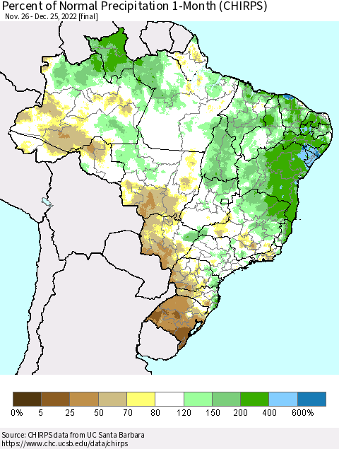 Brazil Percent of Normal Precipitation 1-Month (CHIRPS) Thematic Map For 11/26/2022 - 12/25/2022