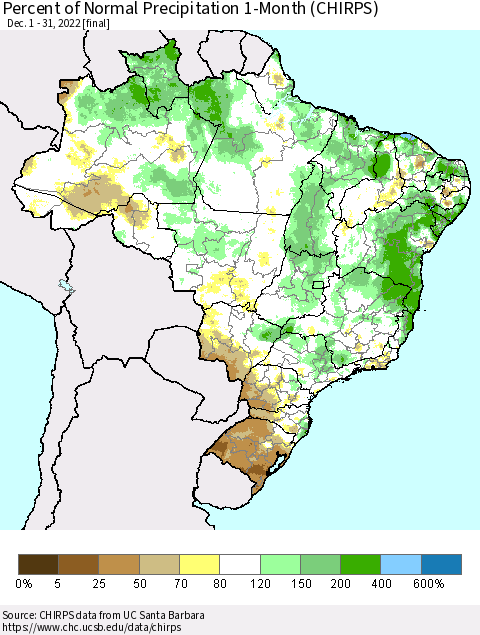 Brazil Percent of Normal Precipitation 1-Month (CHIRPS) Thematic Map For 12/1/2022 - 12/31/2022