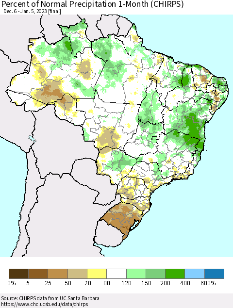 Brazil Percent of Normal Precipitation 1-Month (CHIRPS) Thematic Map For 12/6/2022 - 1/5/2023