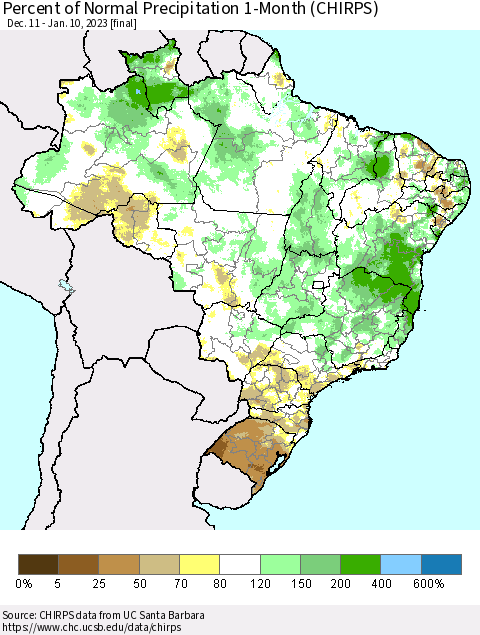 Brazil Percent of Normal Precipitation 1-Month (CHIRPS) Thematic Map For 12/11/2022 - 1/10/2023