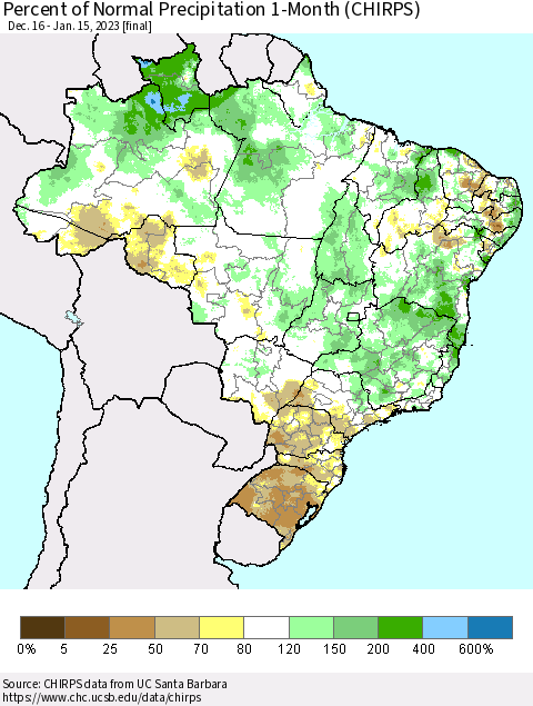 Brazil Percent of Normal Precipitation 1-Month (CHIRPS) Thematic Map For 12/16/2022 - 1/15/2023