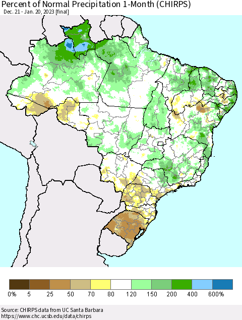 Brazil Percent of Normal Precipitation 1-Month (CHIRPS) Thematic Map For 12/21/2022 - 1/20/2023