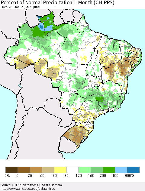 Brazil Percent of Normal Precipitation 1-Month (CHIRPS) Thematic Map For 12/26/2022 - 1/25/2023