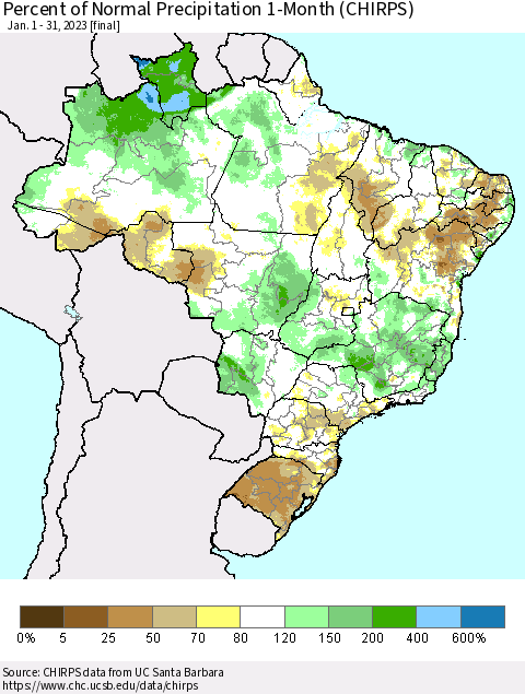 Brazil Percent of Normal Precipitation 1-Month (CHIRPS) Thematic Map For 1/1/2023 - 1/31/2023