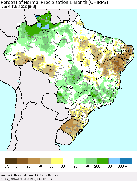 Brazil Percent of Normal Precipitation 1-Month (CHIRPS) Thematic Map For 1/6/2023 - 2/5/2023