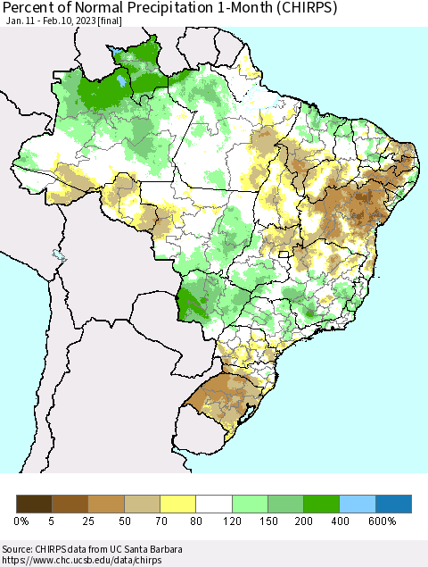 Brazil Percent of Normal Precipitation 1-Month (CHIRPS) Thematic Map For 1/11/2023 - 2/10/2023